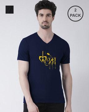 regular fit pack of 2 typographic print v-neck t-shirts