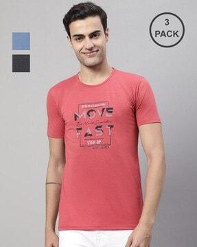 regular fit pack of 3 typographic print round-neck t-shirts