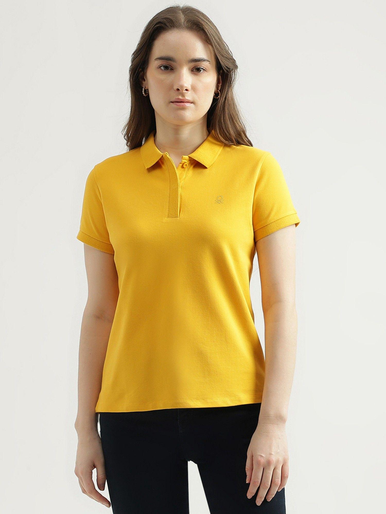regular fit polo neck solid womens t-shirt-yellow