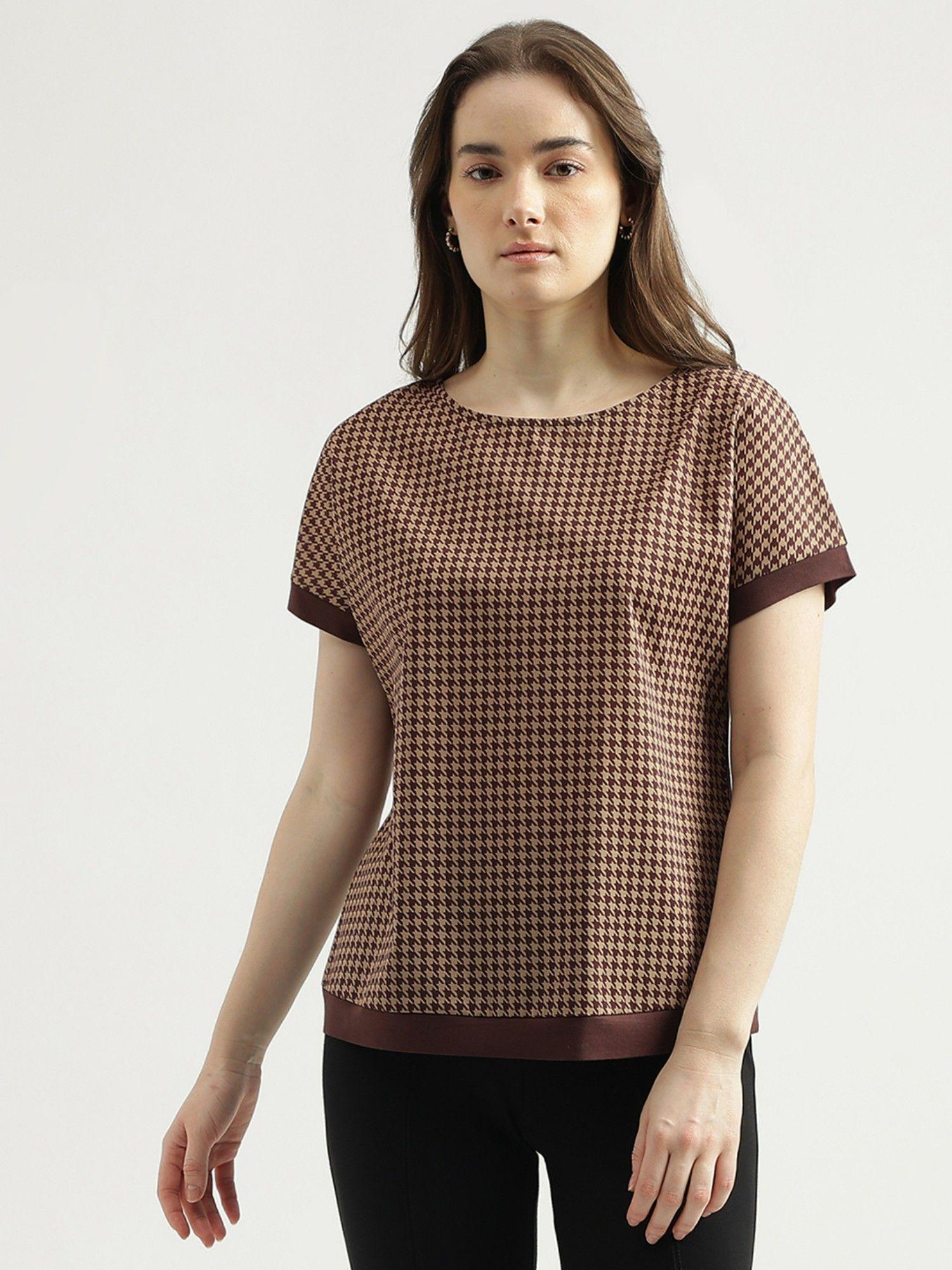 regular fit round neck checked pattern womens top-brown