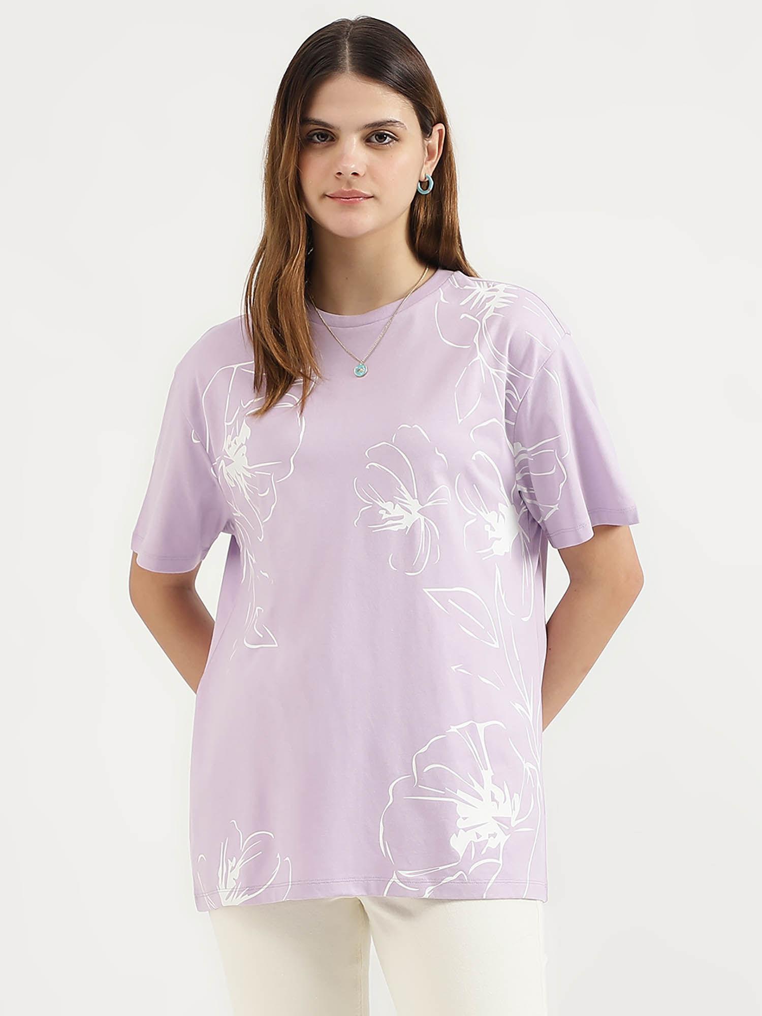 regular fit round neck printed purple t-shirt