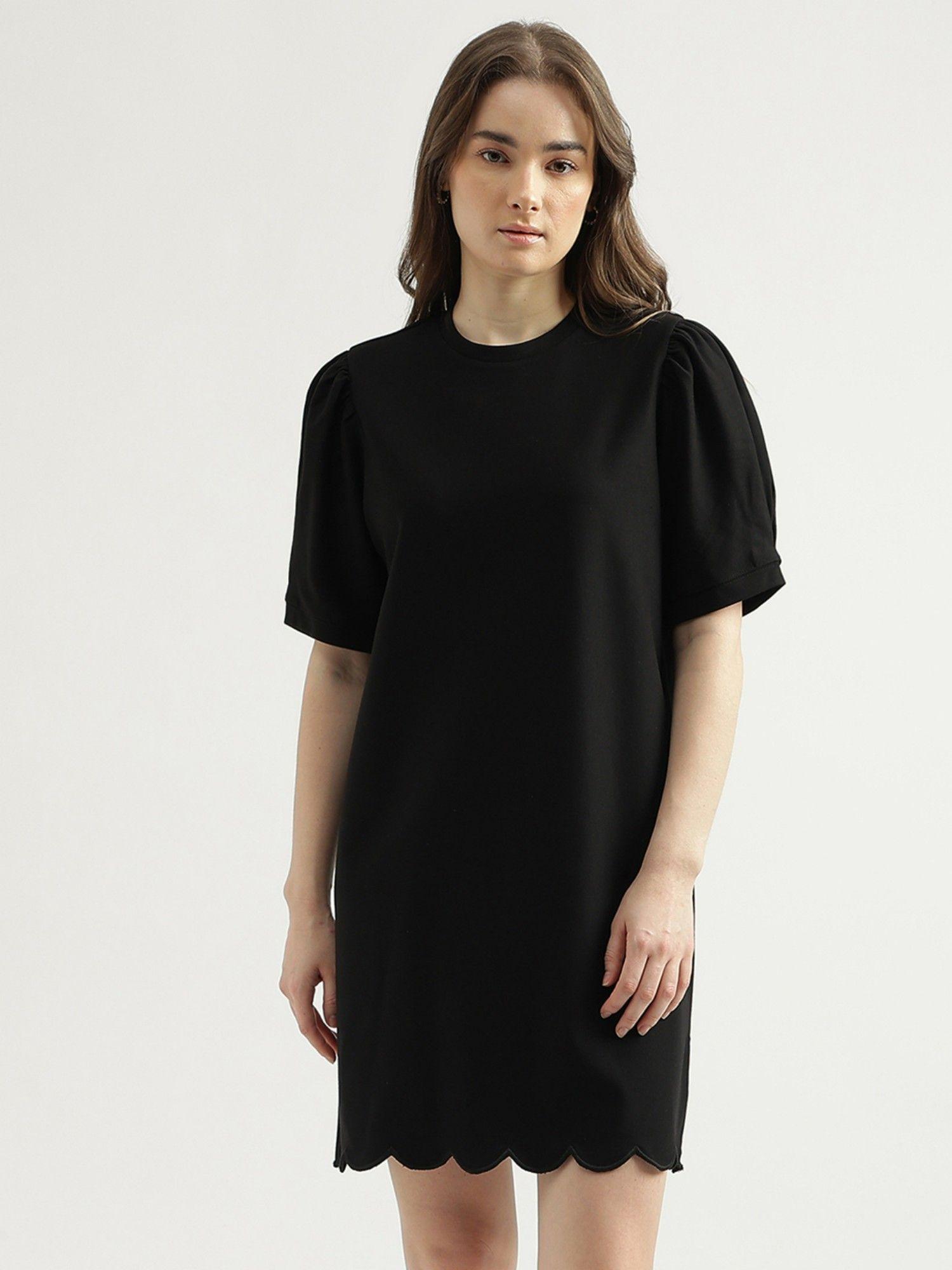 regular fit round neck solid womens dress-black