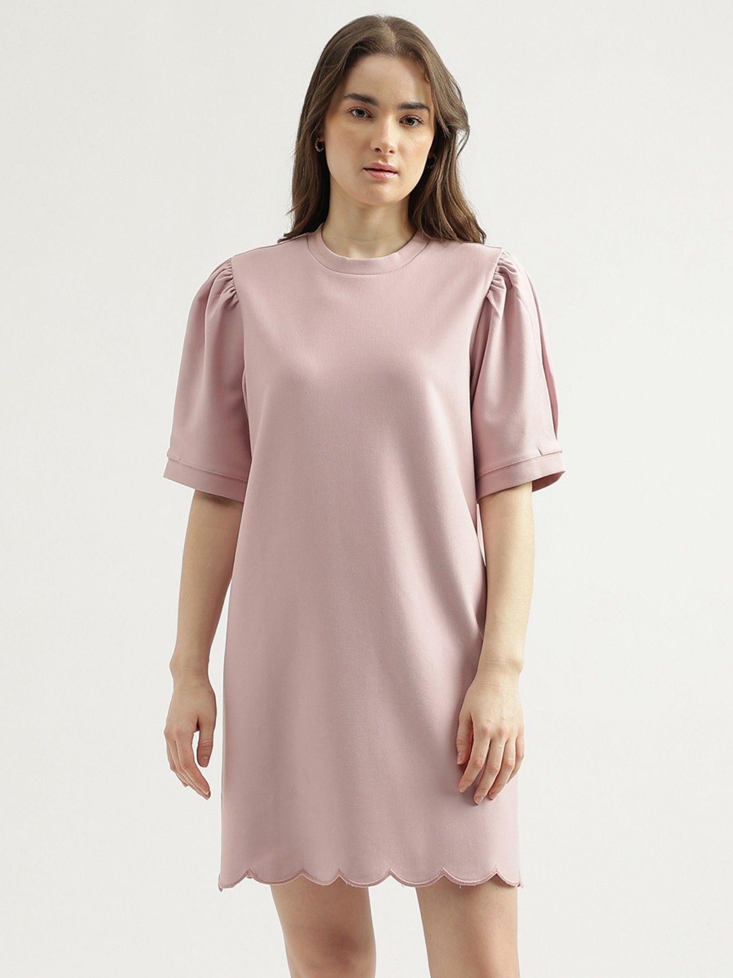 regular fit round neck solid womens dress-pink