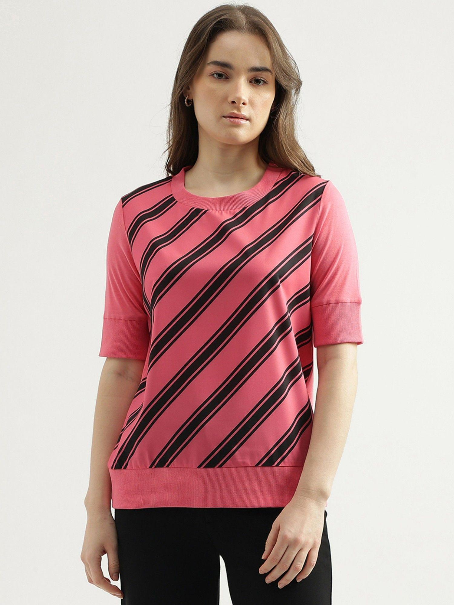 regular fit round neck striped womens top-pink