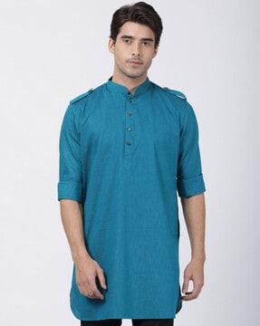 regular fit short kurta with mandarin collar