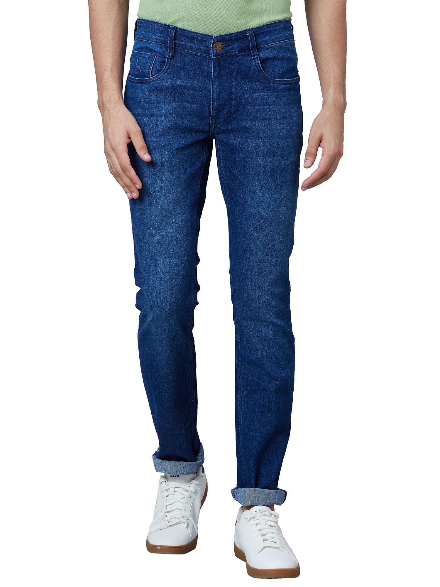 regular fit solid blue jeans