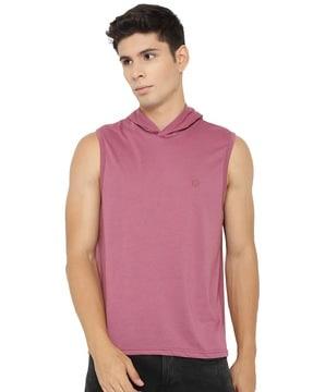 regular fit solid sleeveless hooded t-shirt