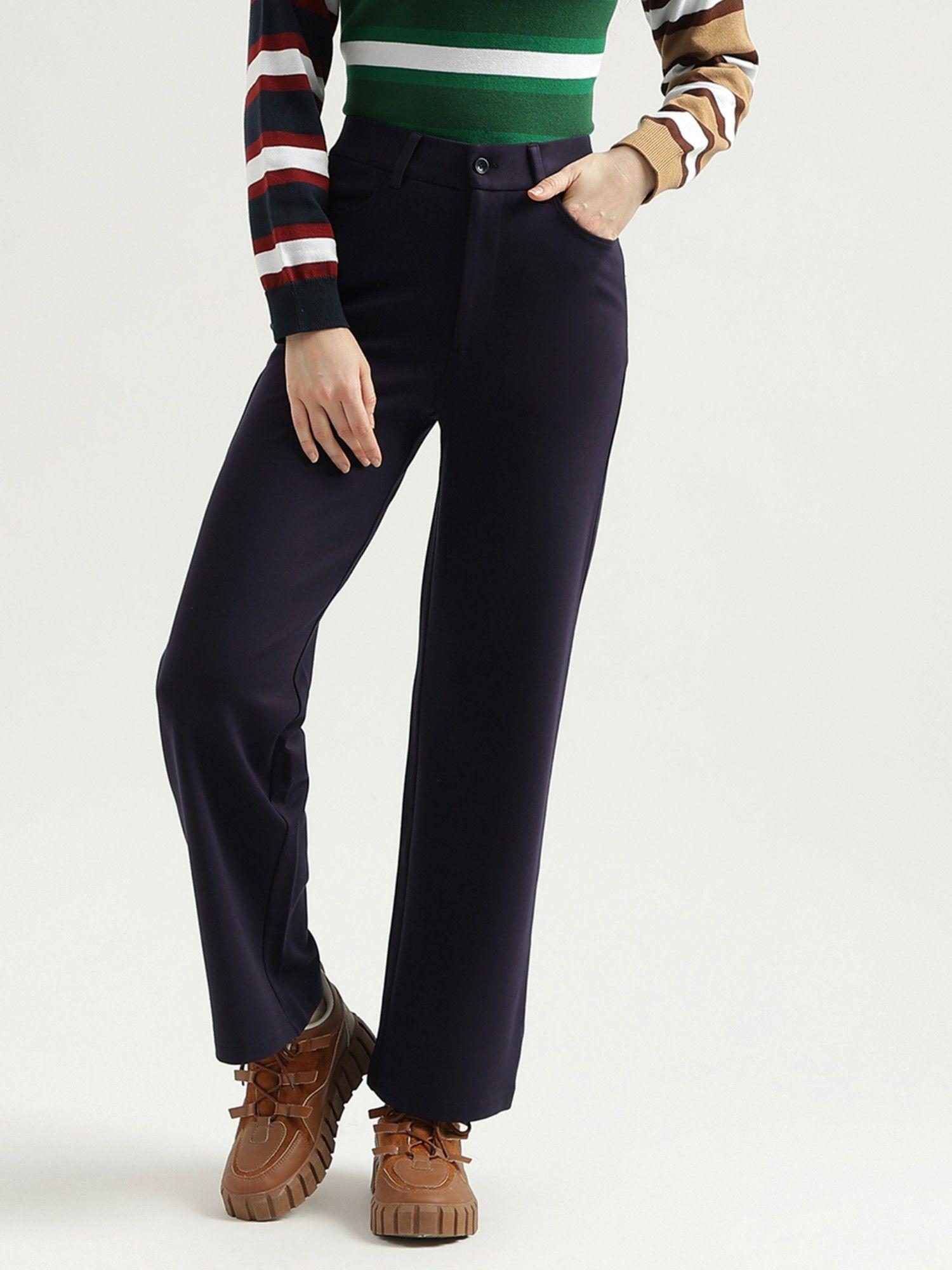 regular fit solid womens trouser-navy blue