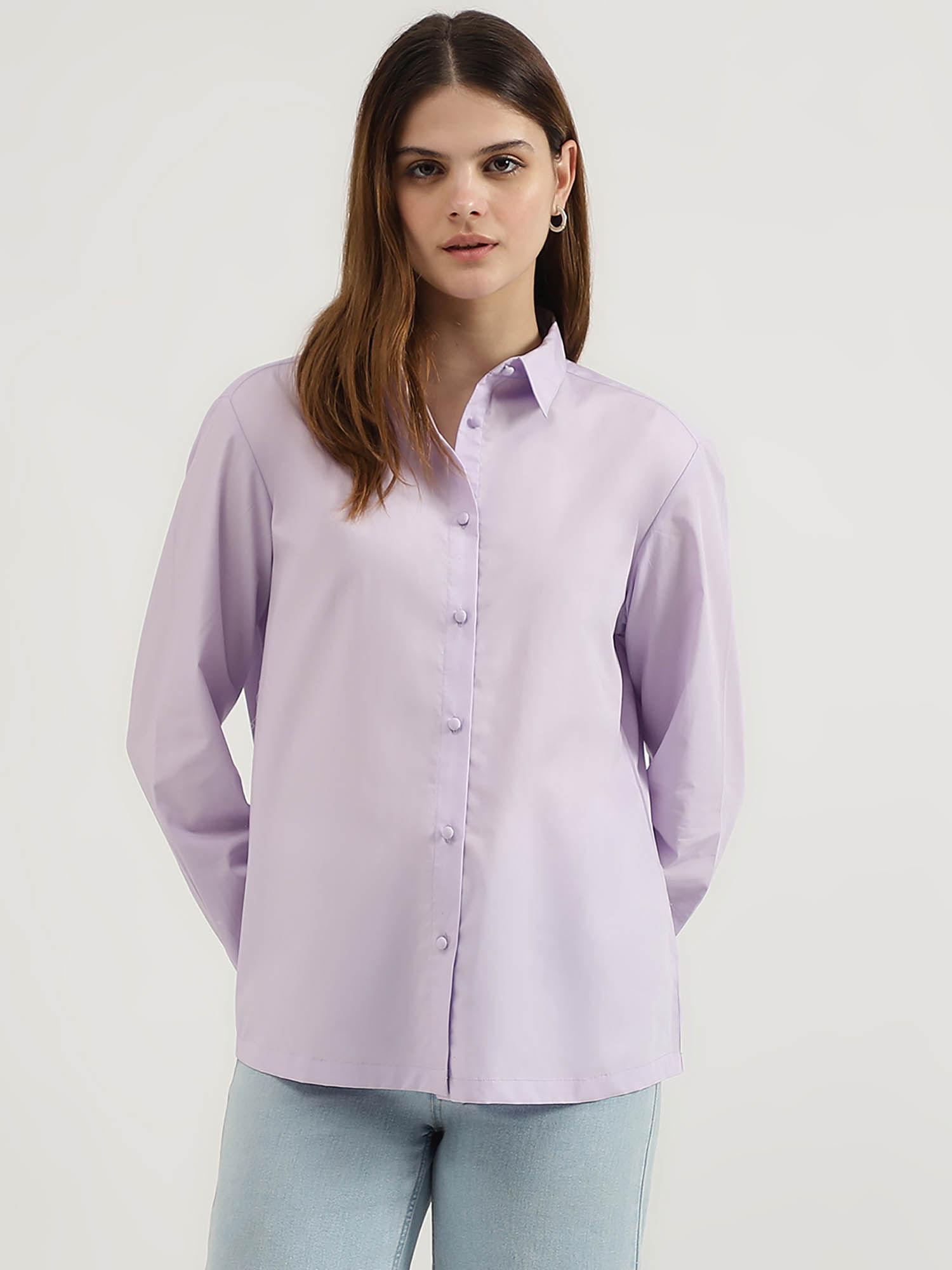 regular fit spread collar neck purple solid shirt