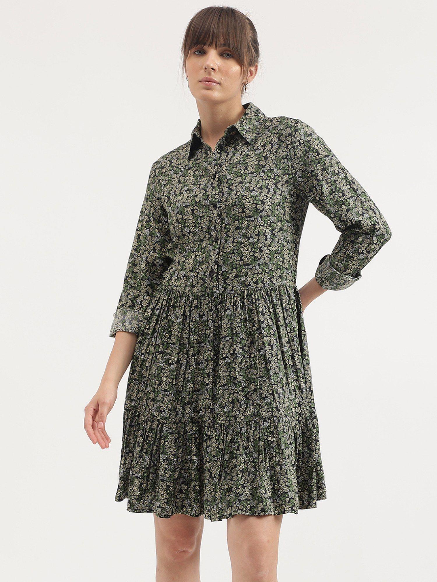 regular fit spread collar printed dress - green