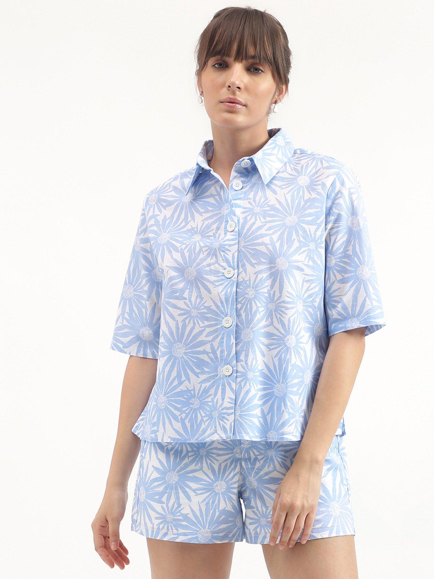 regular fit spread collar printed shirt - blue