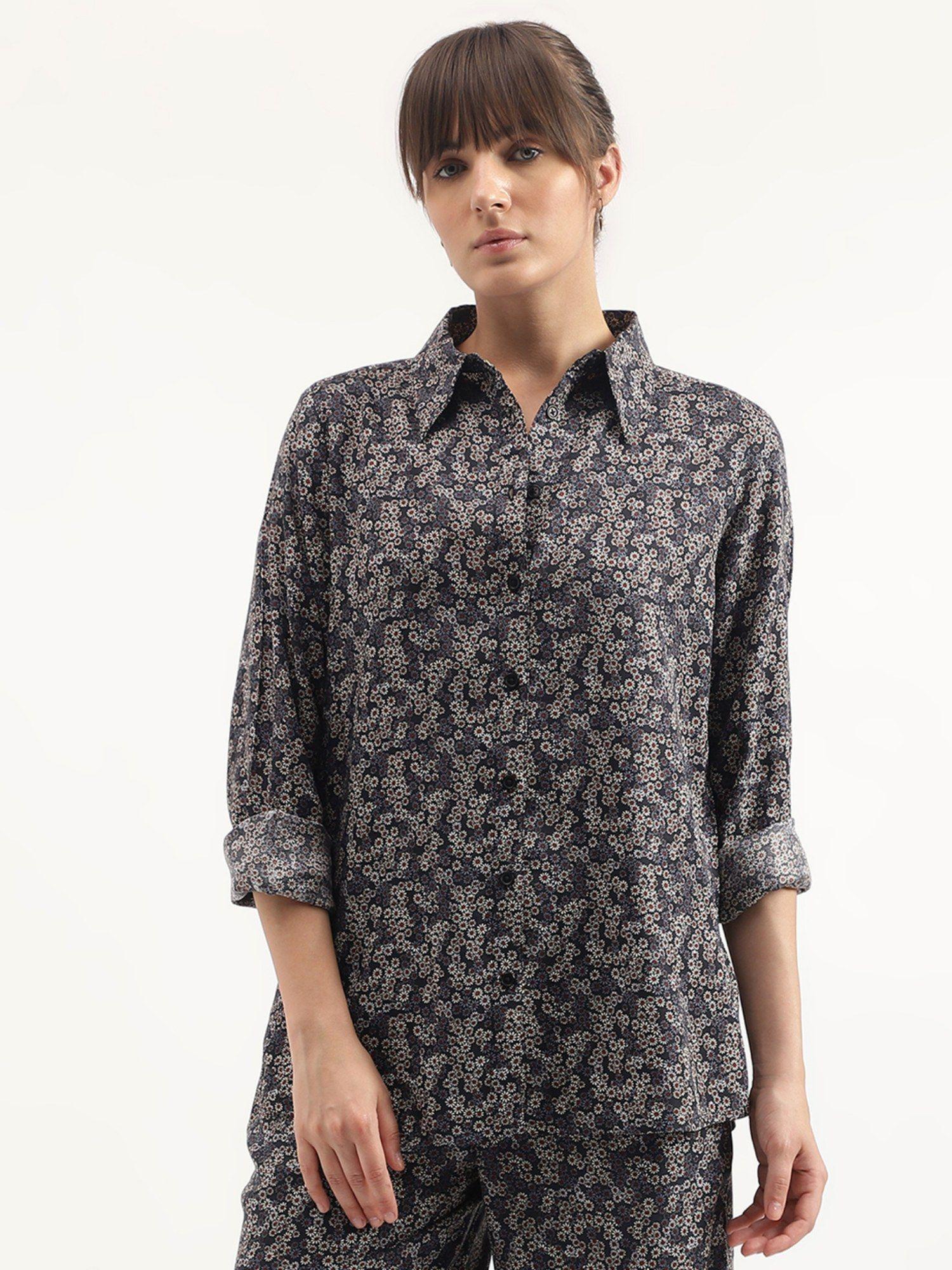 regular fit spread collar printed shirt - grey