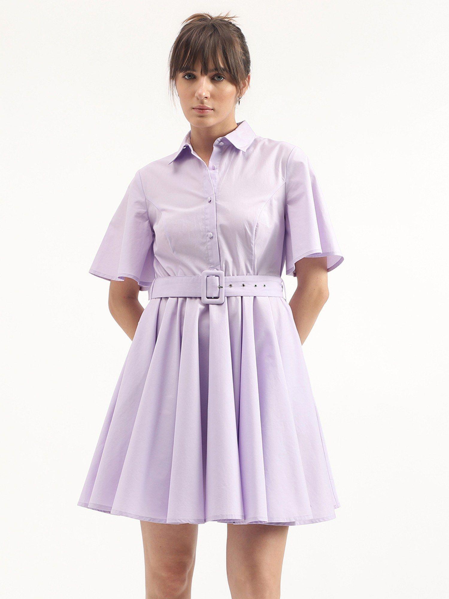 regular fit spread collar solid dress - purple