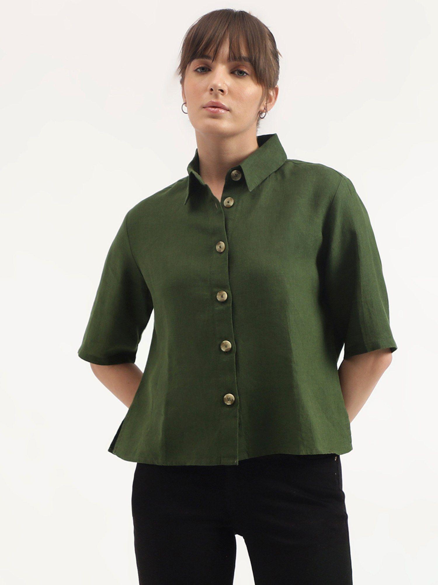 regular fit spread collar solid shirt - green