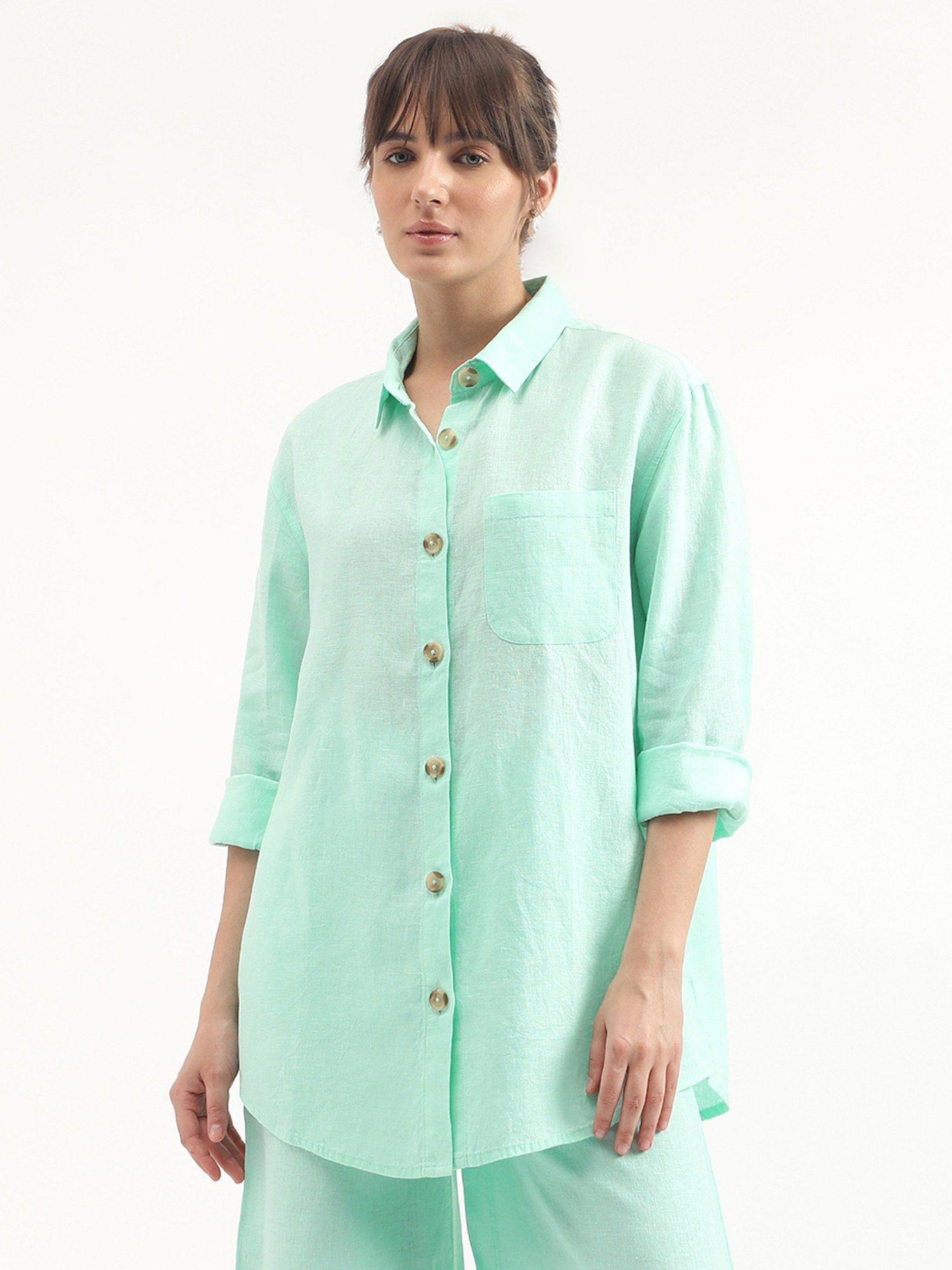 regular fit spread collar solid shirt - green