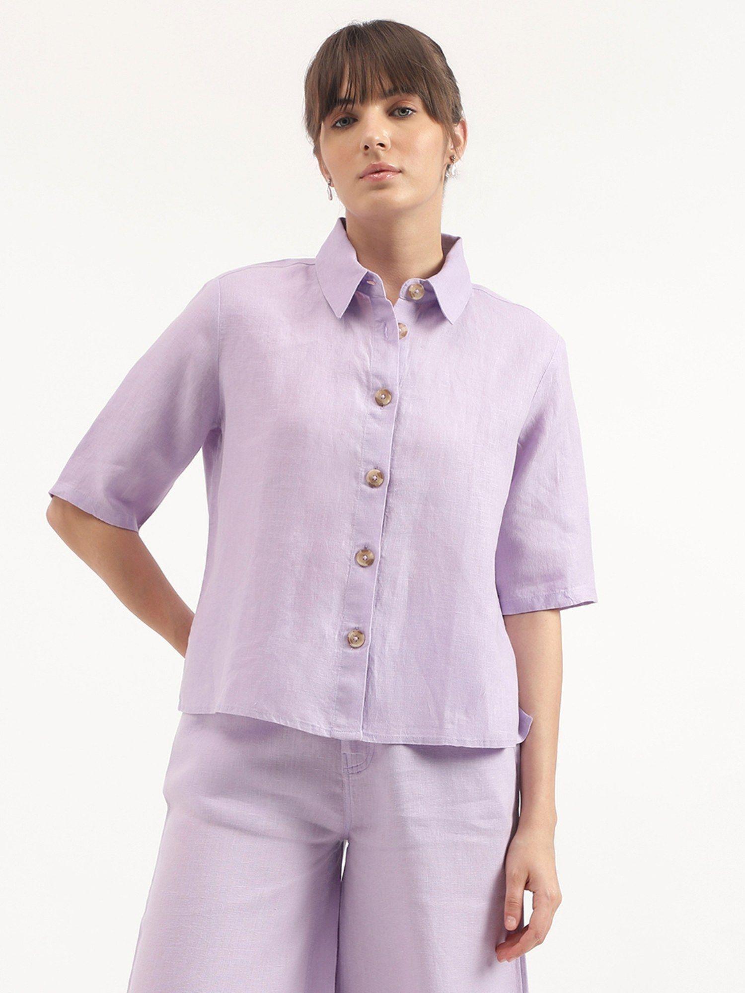 regular fit spread collar solid shirt - purple