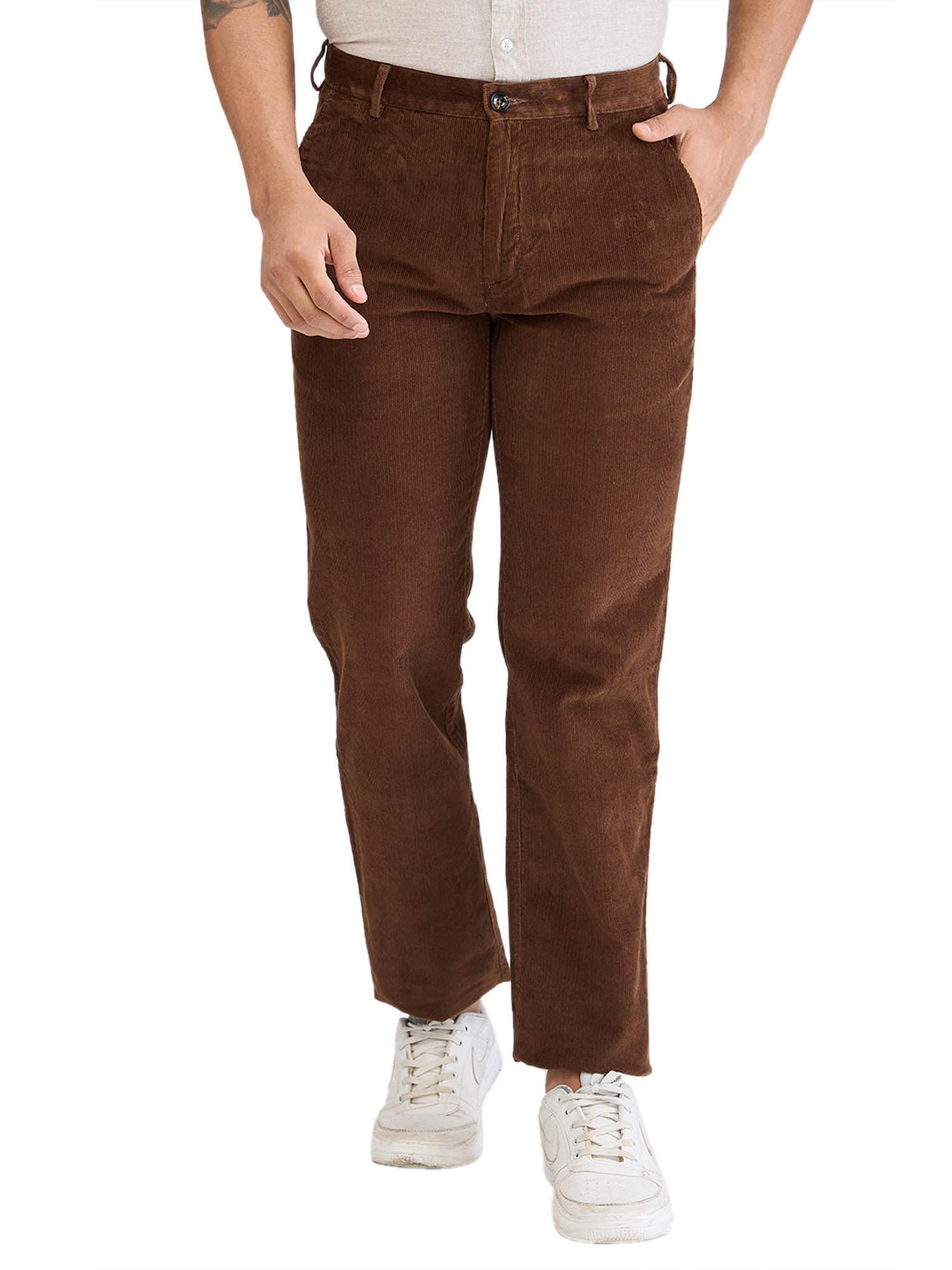 regular fit textured dark brown casual trouser