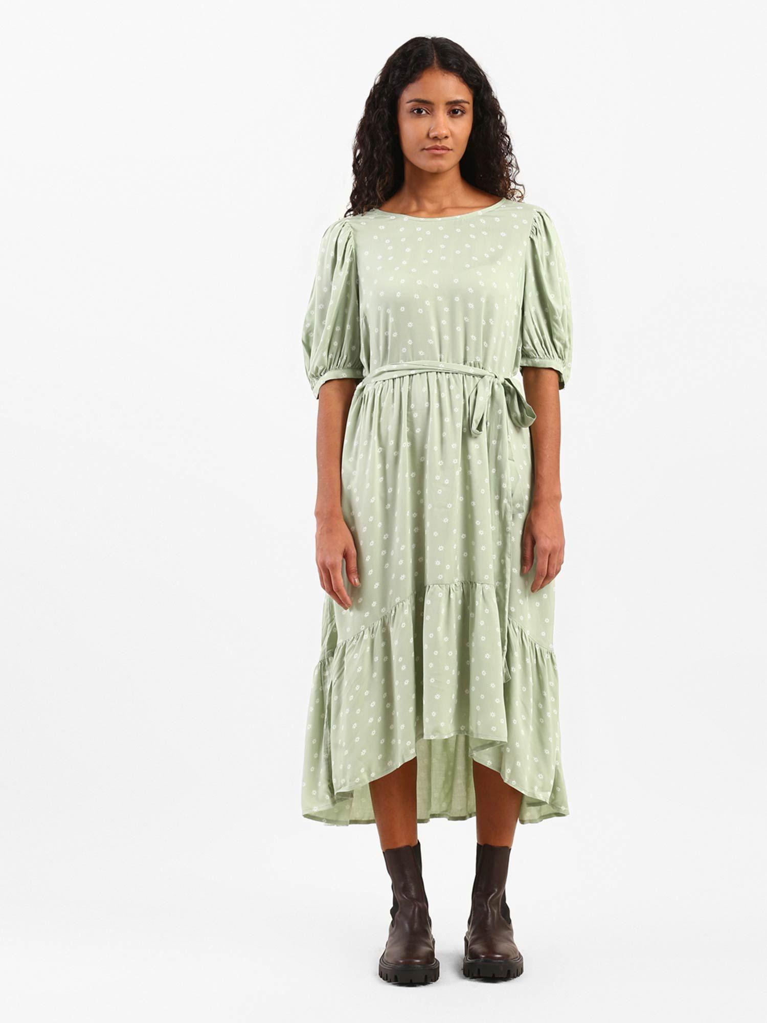 regular green print puff sleeves dresses