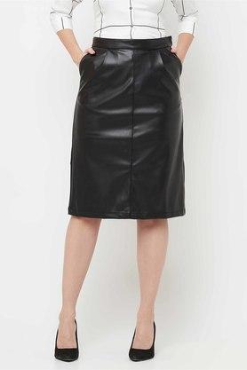 regular knee length leather womens casual wear skirt - black