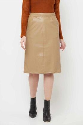 regular knee length leather womens casual wear skirt - natural