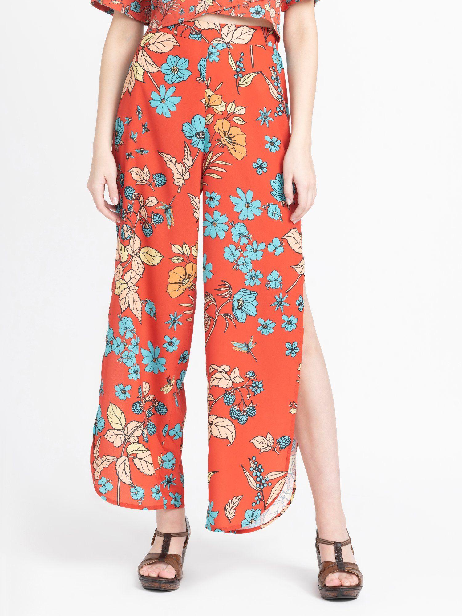 regular red printed mid-rise casual trousers for women