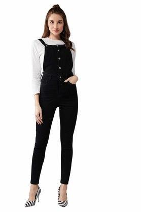 regular sleeves cotton womens regular length dungarees - black