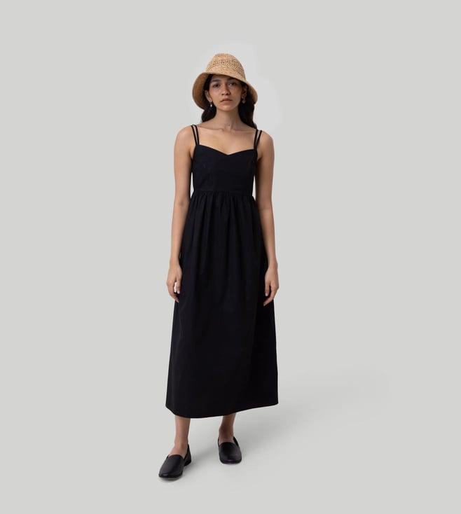 reistor black summer 23 strappy gathered midi dress