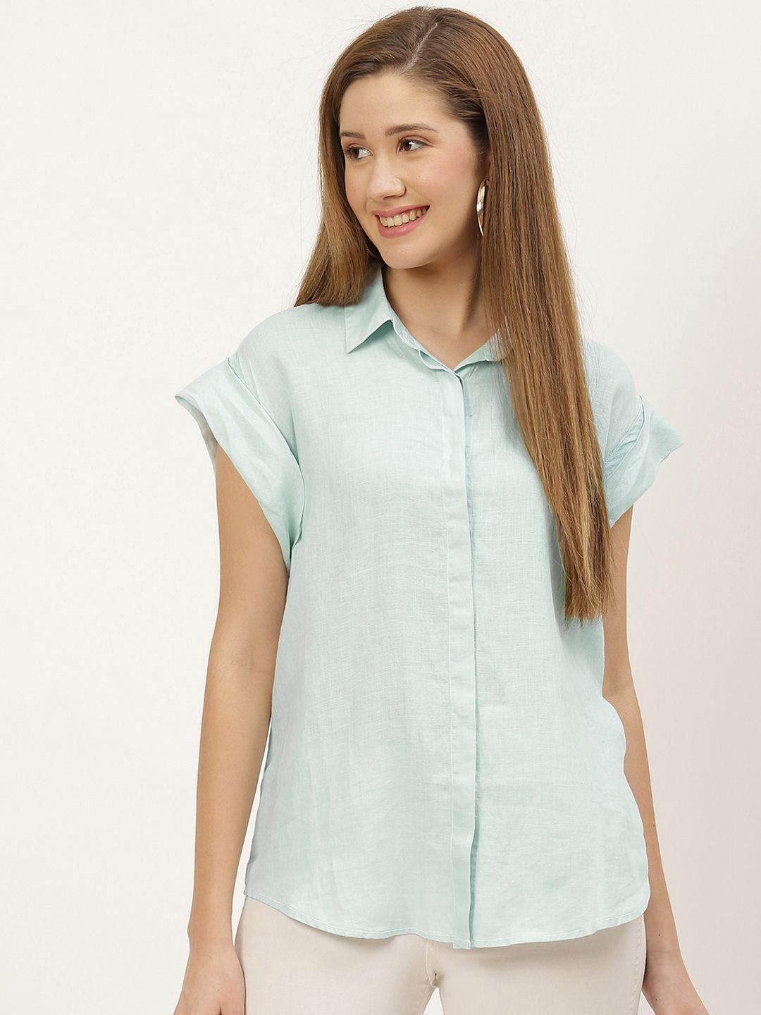 reistor women mint green hemp semi-sheer styled back chasing daydreams casual shirt