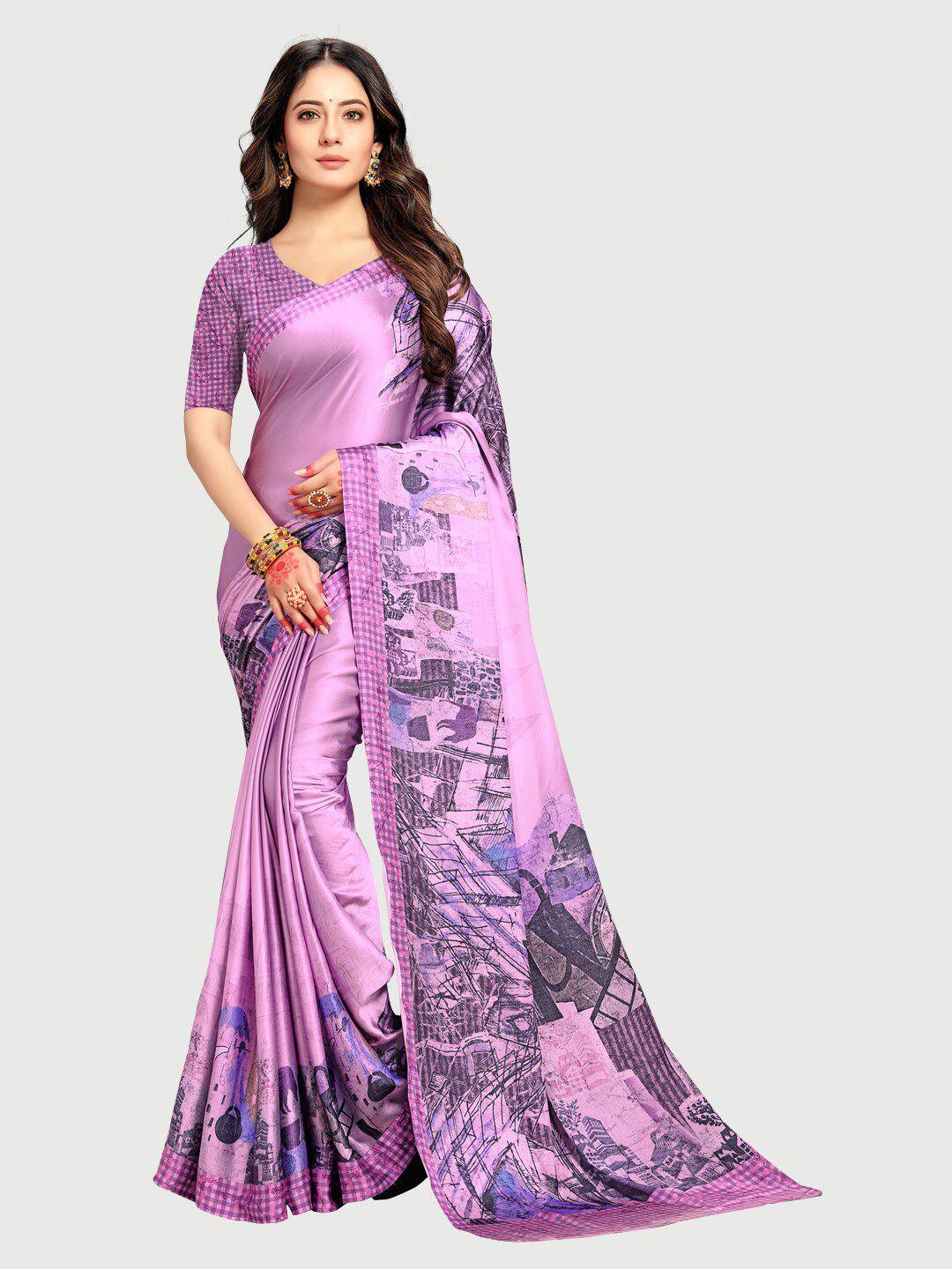 rekha maniyar purple & black floral printed satin saree