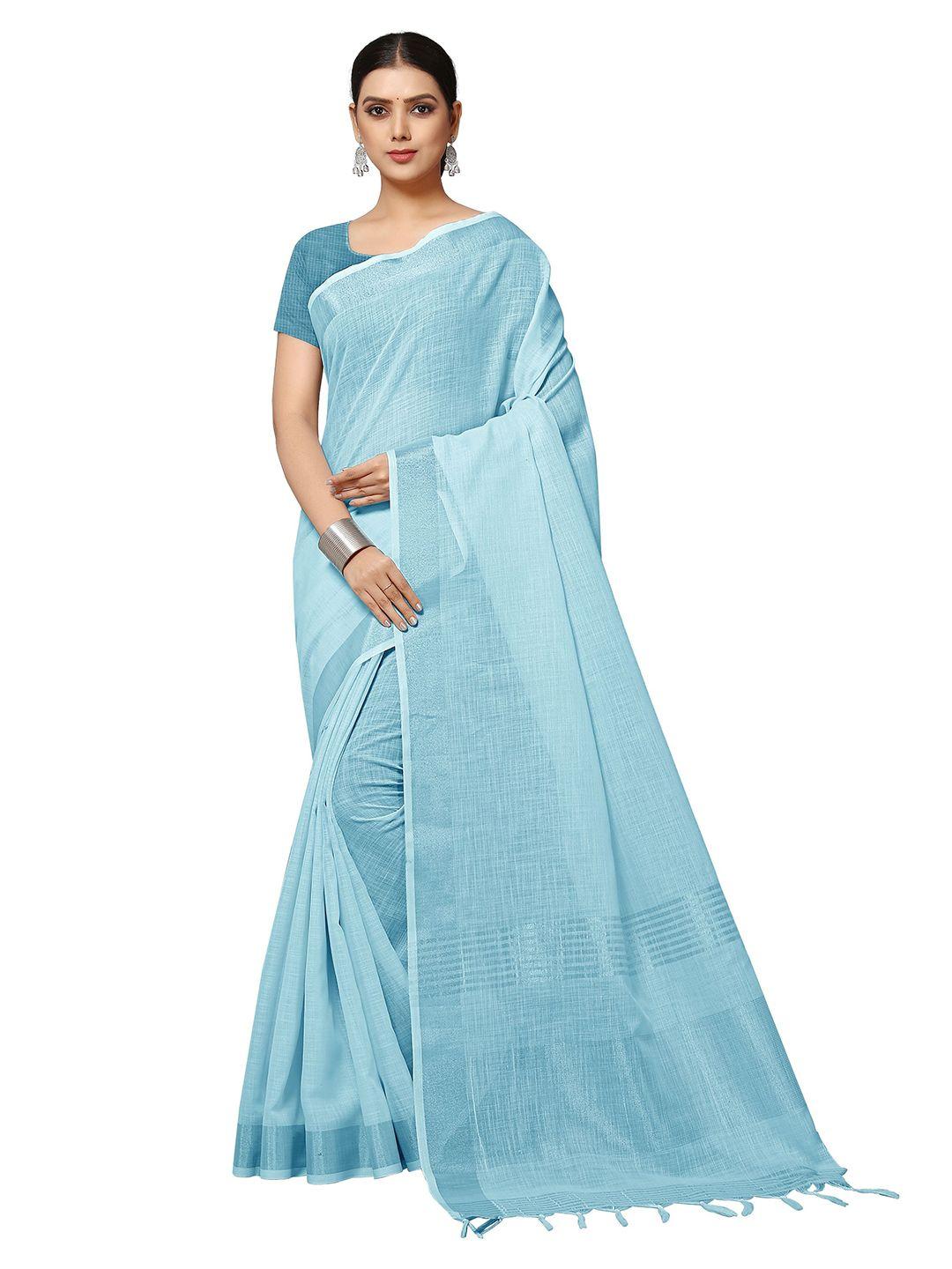 rekha maniyar blue & gold-toned woven design zari linen blend saree