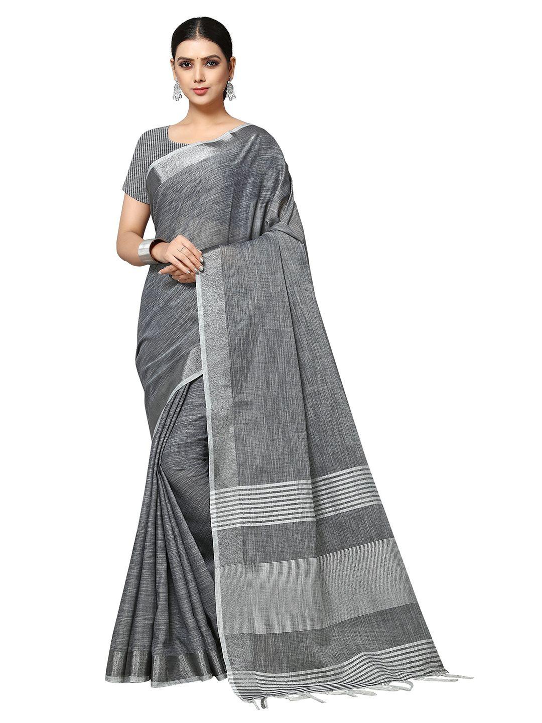 rekha maniyar grey & silver-toned woven design zari linen blend saree