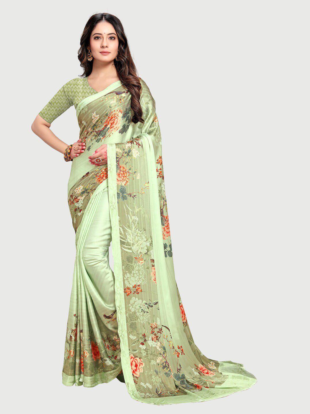 rekha maniyar lime green & orange floral satin saree