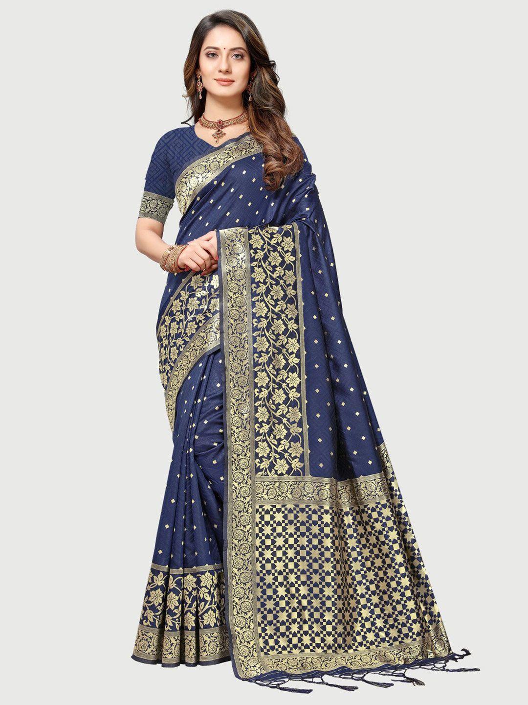 rekha maniyar navy blue & gold-toned woven design zari silk blend mysore silk saree