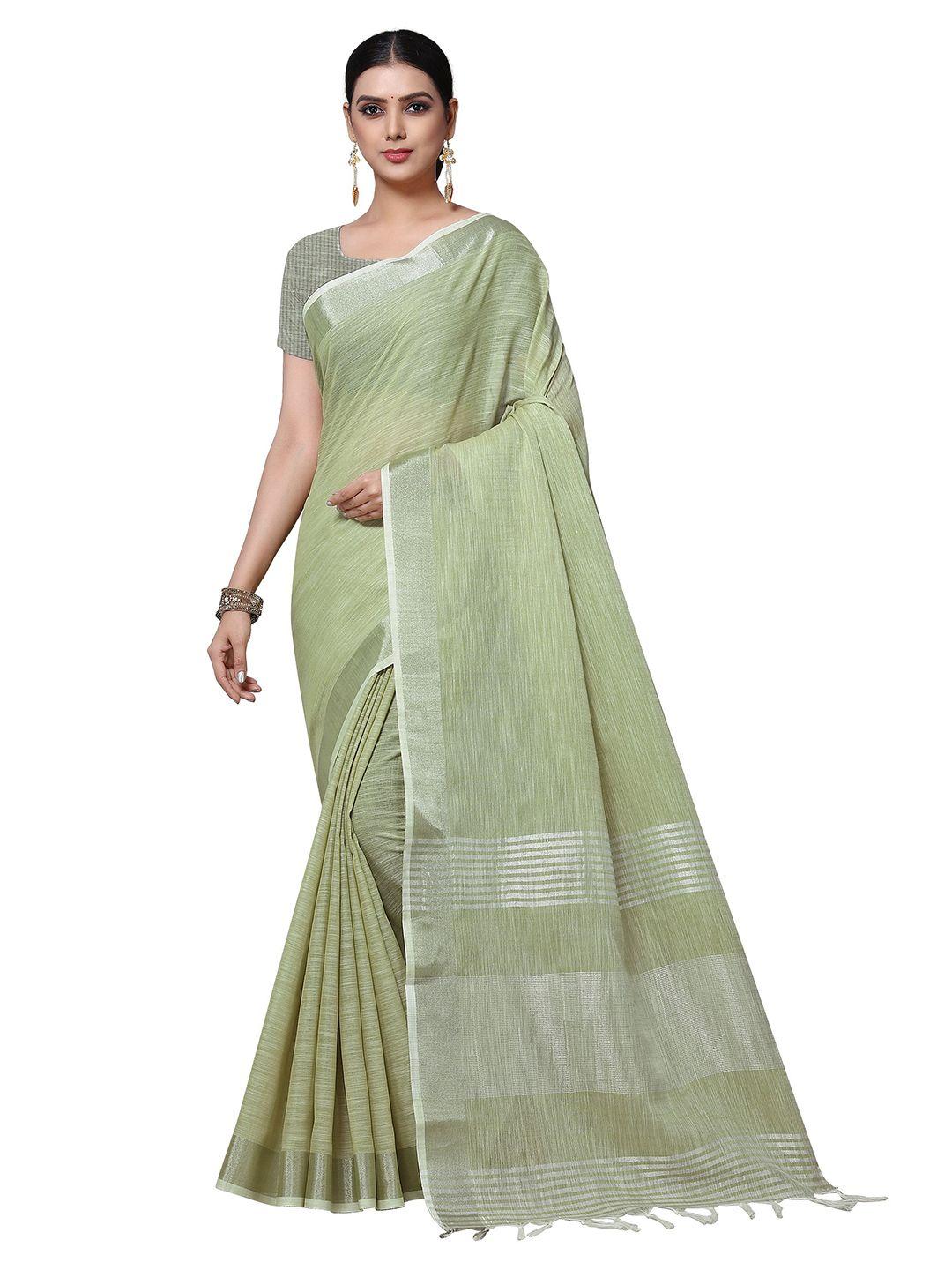 rekha maniyar olive green & silver-toned woven design zari linen blend saree