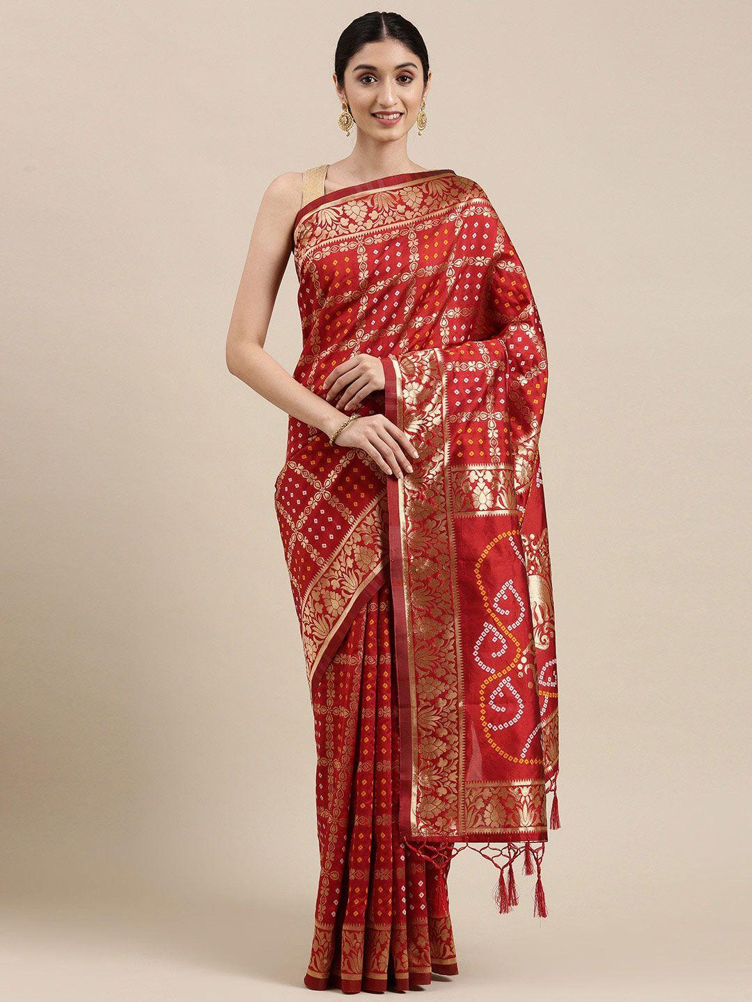 rekha maniyar red & gold-toned floral zari silk blend banarasi saree