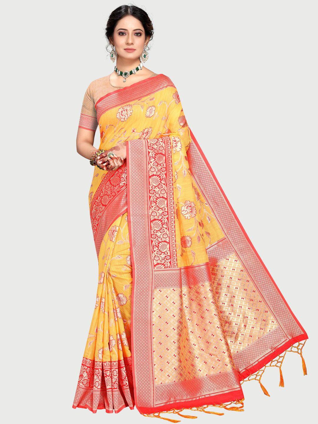 rekha maniyar women yellow & red floral zari silk blend banarasi saree