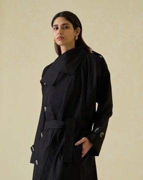 relaxed fit asymmetric trench coat with insert pockets