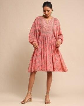 relaxed fit a-line dress with embroidered yoke