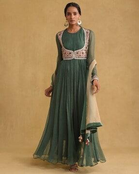 relaxed fit anarkali chiffon kurta with leggings & dupatta