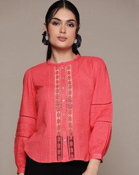 relaxed fit blouse shirt with lace inserts