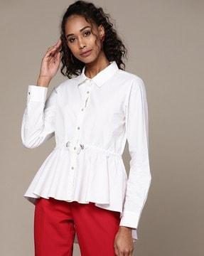 relaxed fit button-down shirt with drawstring waist