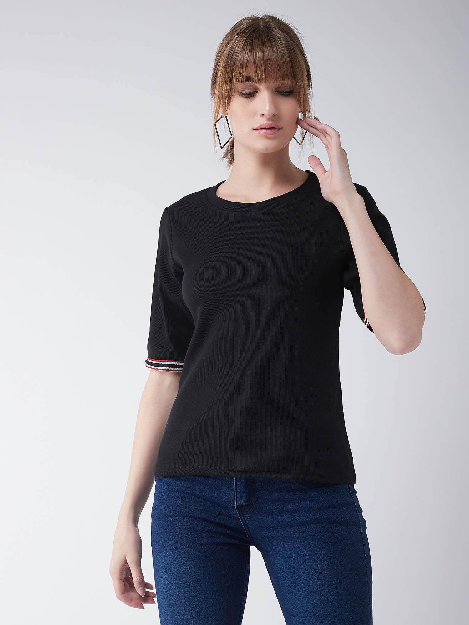 relaxed fit cotton round neck half sleeves solid basic top