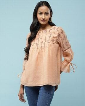 relaxed fit embroidered boat-neck top