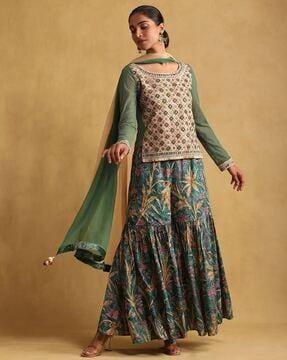 relaxed fit embroidered cotton kurti with sharara & dupatta