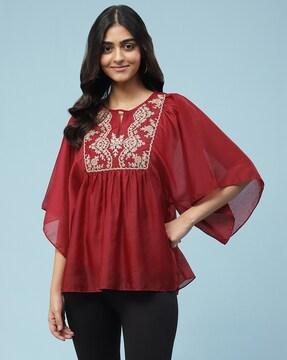 relaxed fit embroidered gathered top with camisole