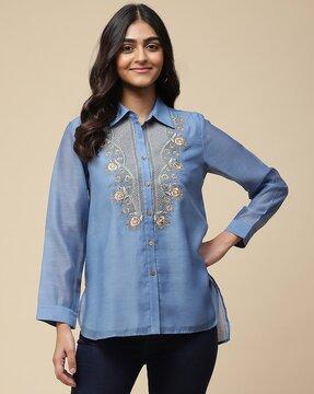 relaxed fit embroidered high-low shirt