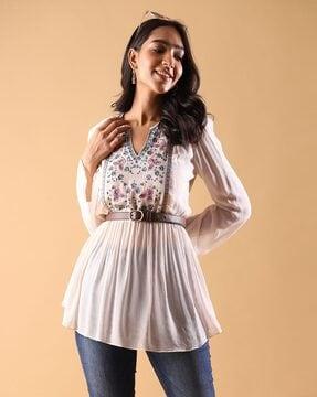 relaxed fit embroidered tunic with cuffed sleeves