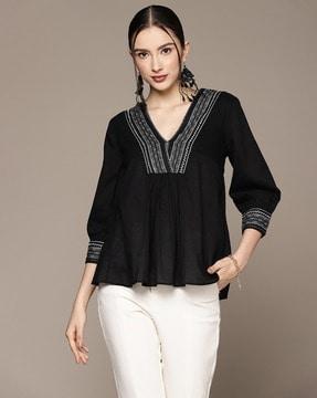relaxed fit embroidered v-neck cotton tunic