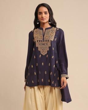 relaxed fit embroidered viscose silk kurti with inner