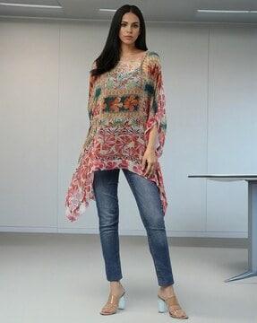 relaxed fit floral print asymmetric top with camisole